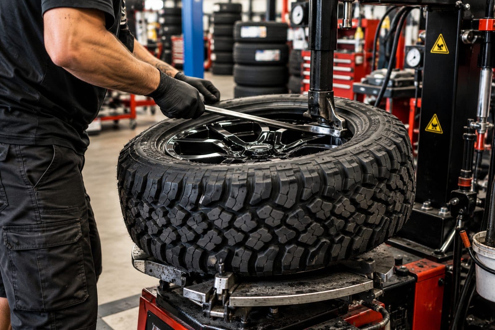 All-terrain 4x4 tyre being fitted to a wheel at a Melbourne workshop