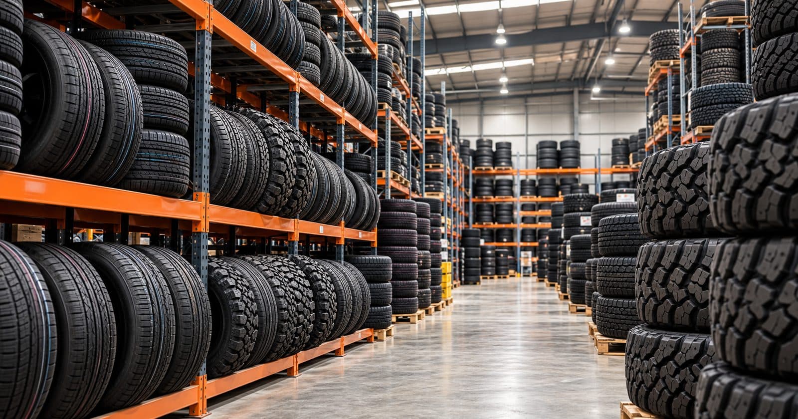 Rows of new car and 4x4 tyres stacked on racking in a tyre warehouse
