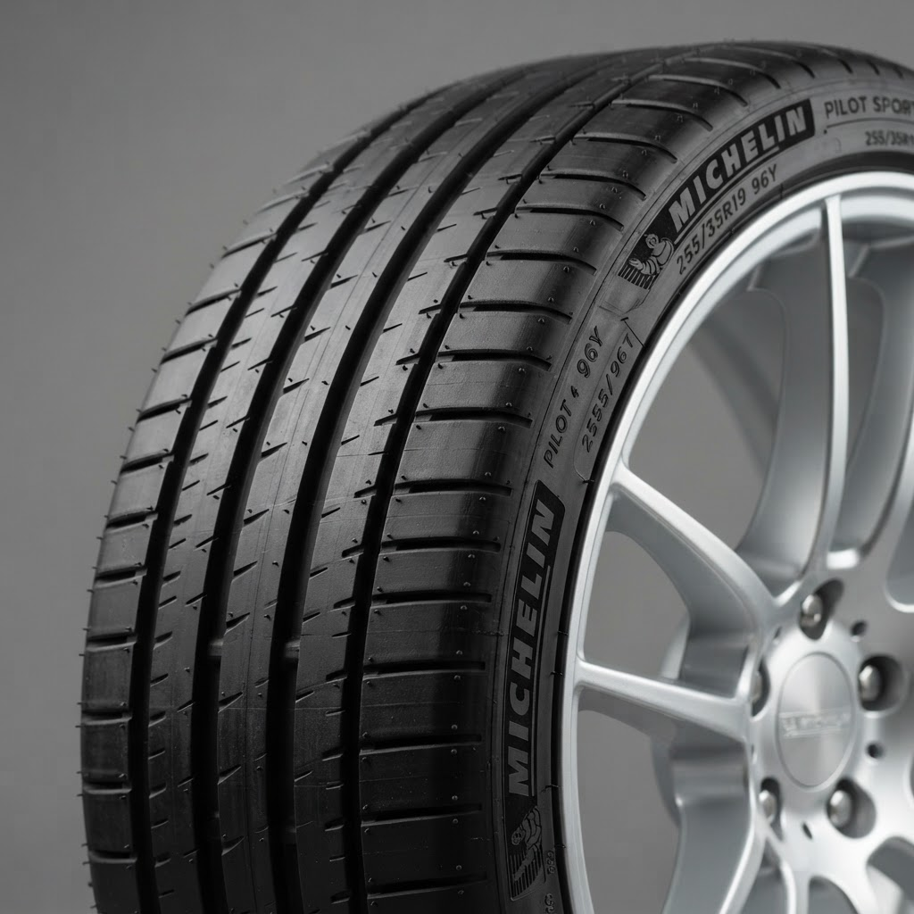 Close-up of a clean passenger car tyre tread and alloy wheel