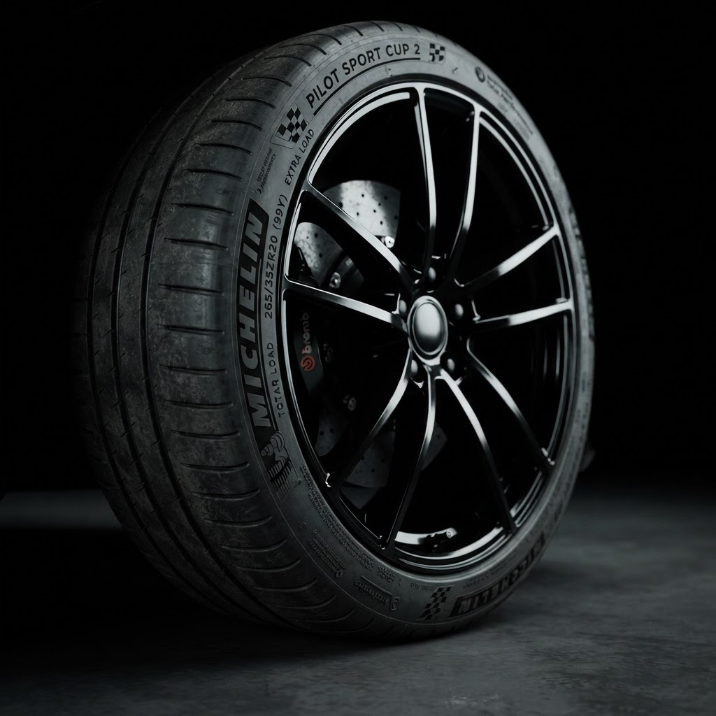 Close-up of an ultra-high-performance tyre on a glossy alloy wheel
